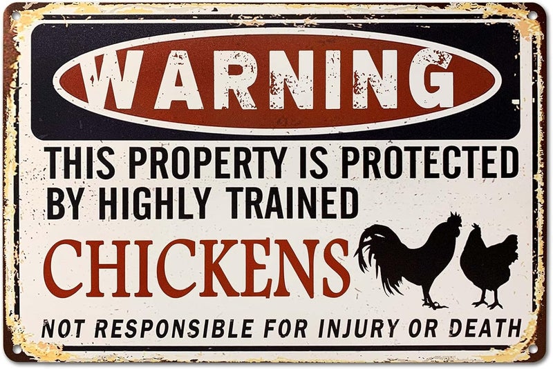 Bestylez Funny Chicken Coop Sign - "Warning: Property Protected by Chickens" Decorative Metal Sign for Farm, Home, or Garden 12" * 8" (219) - Image 1